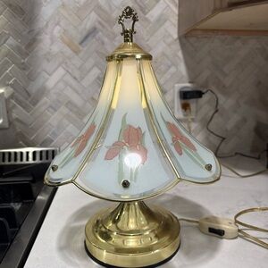Elegant Gold Floral Table Lamp Frosted Glass With Irises- 80s